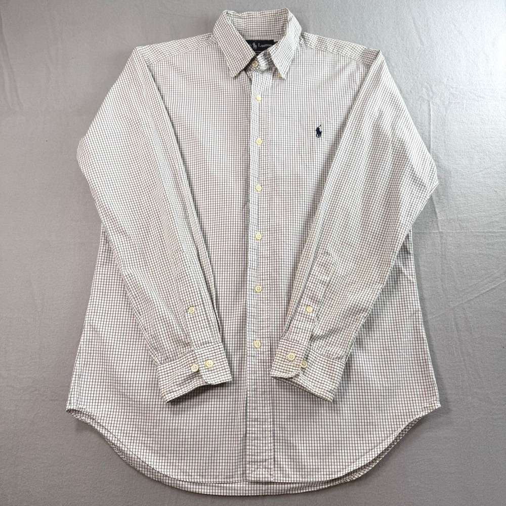 Ralph Lauren Button Down Shirt Mens 15 32/33 White Green Tattersall Office Wear - Picture 2 of 8